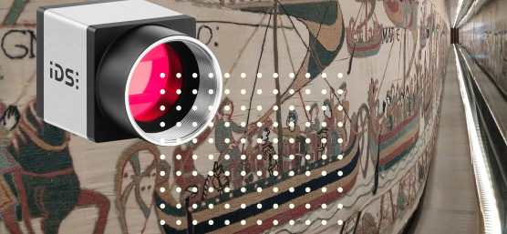 uEye camera top left in front of the Bayeux Tapestry, many additional dots