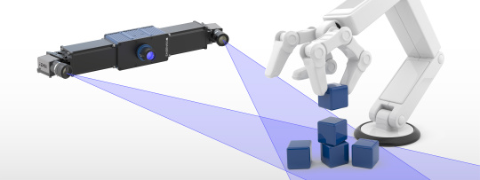 Illustration of a robotic arm stacking boxes and an Ensenso 3D camera.