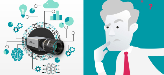 Combination of a realistic image of an IDS NXT industrial camera with graphic elements for data processing and a stylised, thoughtful drawing of a person