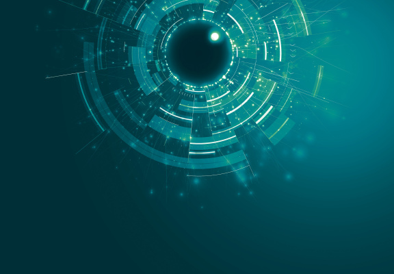 Machine eye formed by glowing teal circles and lines
