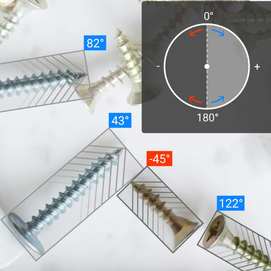 Screws with marked rotation angles and diagram showing rotation direction