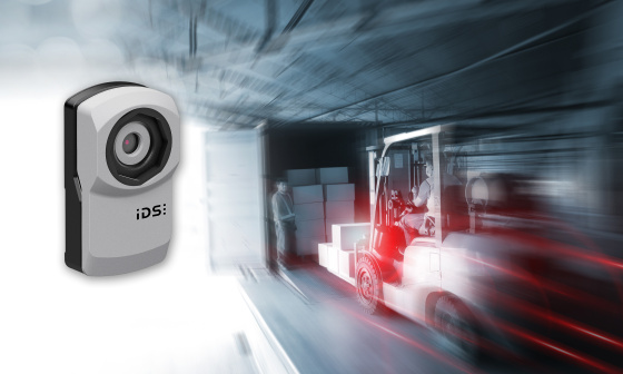 uEye XC camera hovers next to dynamic scene with forklift and truck.